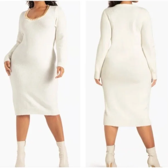 Eloquii Cream Sweater Dress with Gold Chain Trim - Picture 1 of 6